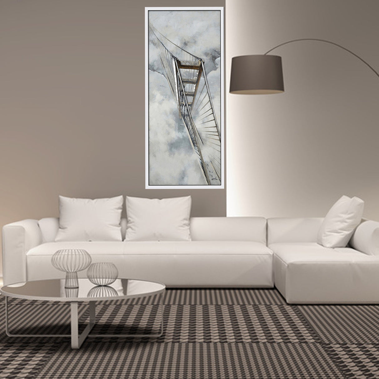 Hand Painted Acrylic Wall Art Golden Gate Bridge 32 x 71 Rectangular Canvas with a White Wooden Frame