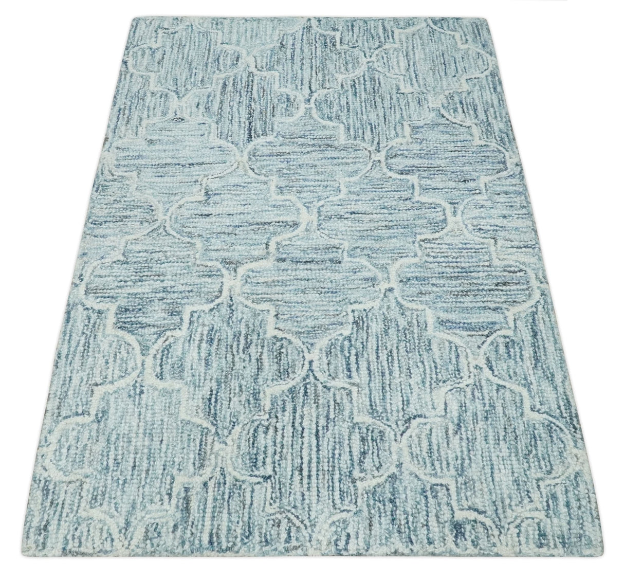 Ivory and Blue Modern Geometric Hand Tufted Multi Size Natural Wool Area Rug