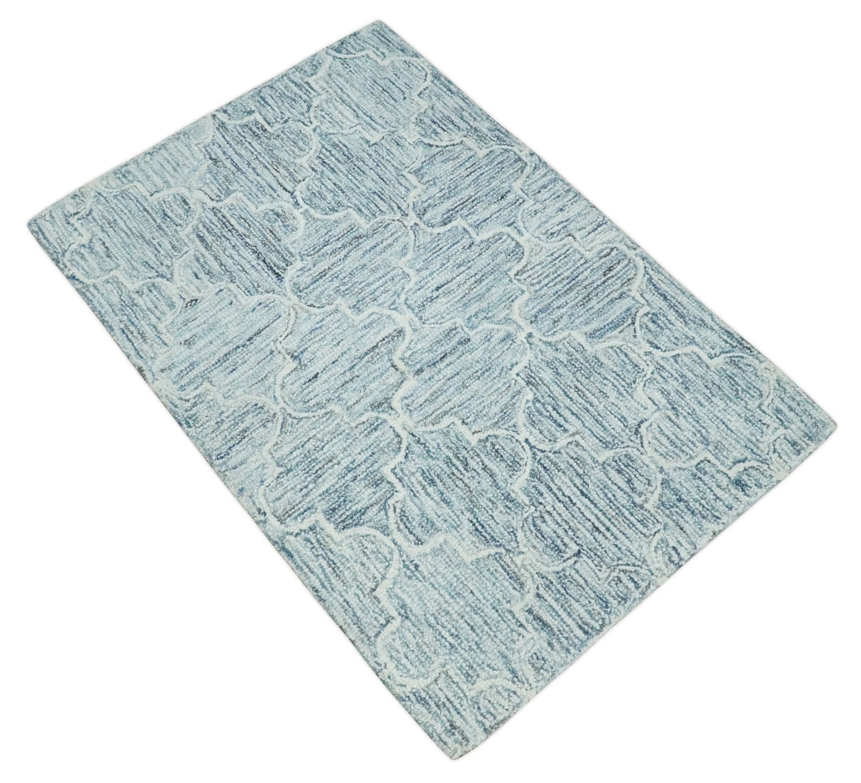 Ivory and Blue Modern Geometric Hand Tufted Multi Size Natural Wool Area Rug