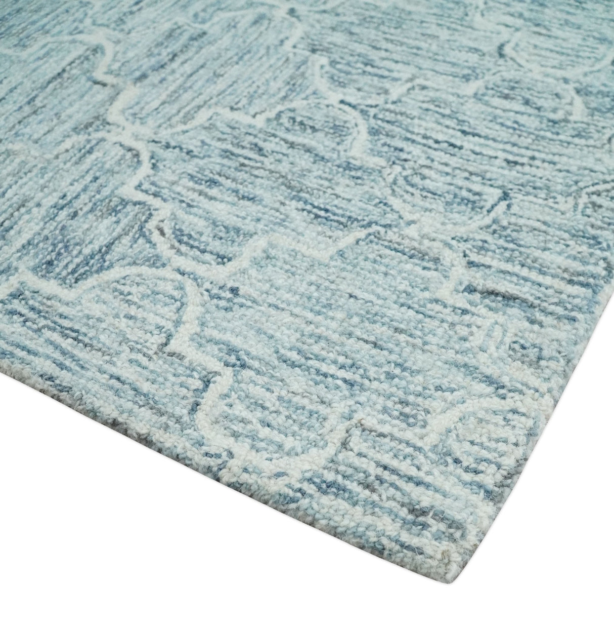 Ivory and Blue Modern Geometric Hand Tufted Multi Size Natural Wool Area Rug