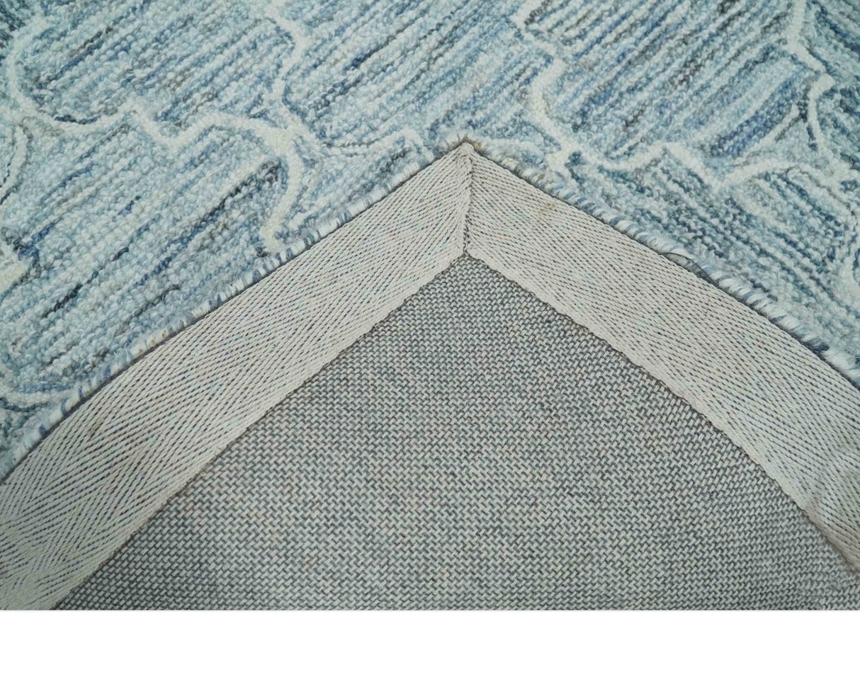 Ivory and Blue Modern Geometric Hand Tufted Multi Size Natural Wool Area Rug