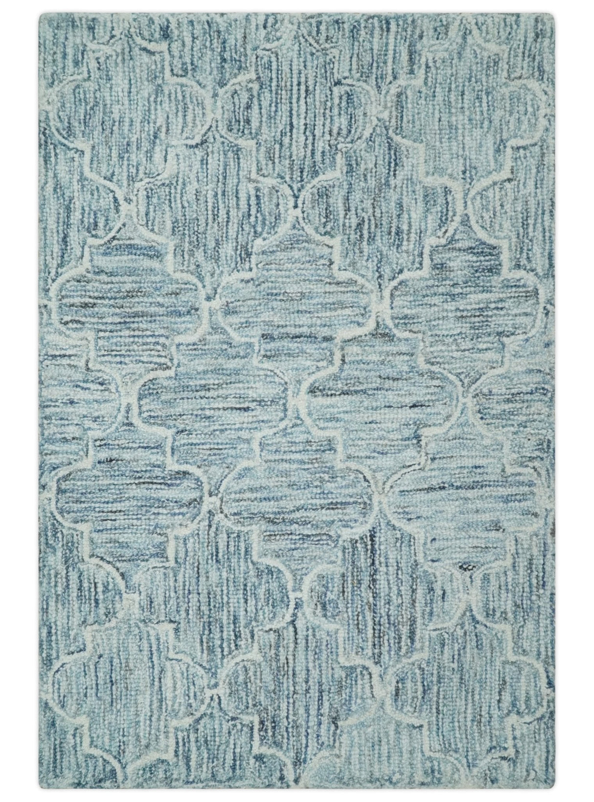 Ivory and Blue Modern Geometric Hand Tufted Multi Size Natural Wool Area Rug