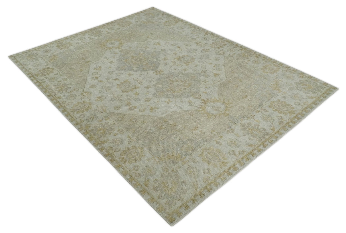 Ivory and Brown distressed finished Traditional Floral Low Pile Multi Size wool Area Rug