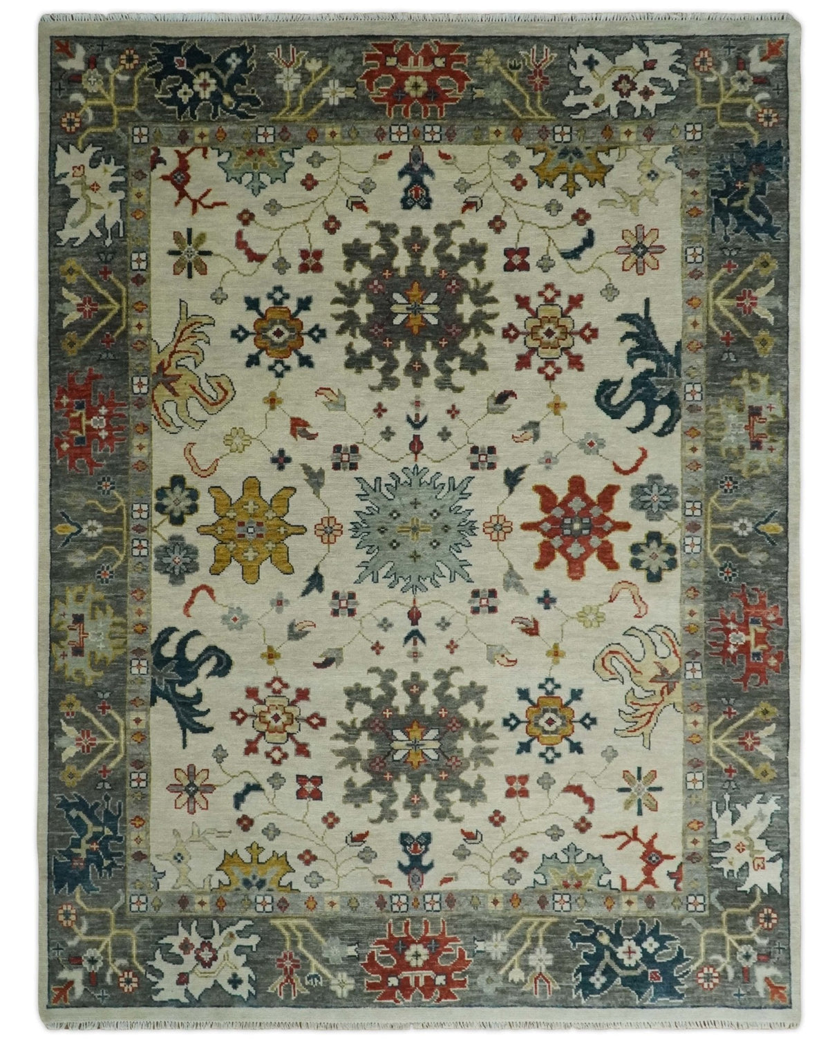 Ivory and Gray Floral Oushak Hand Knotted Custom Made Wool Area Rug