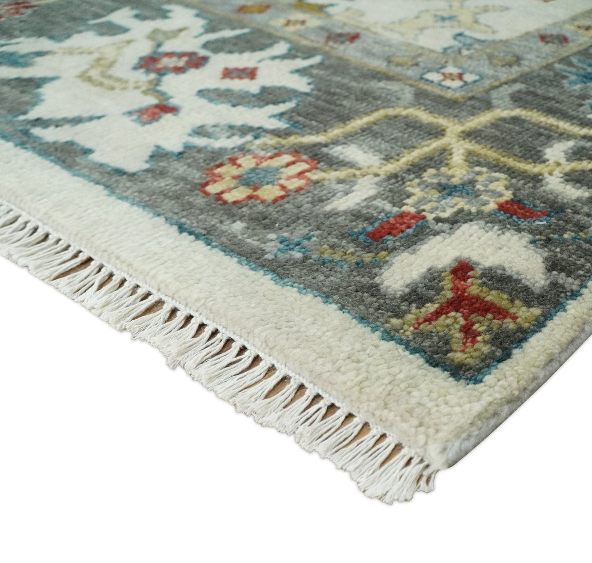 Ivory and Gray Floral Oushak Hand Knotted Custom Made Wool Area Rug