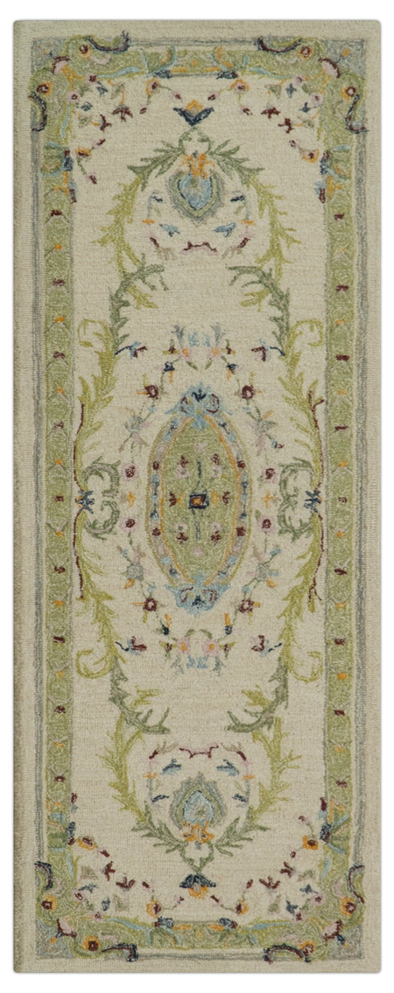 Ivory and Green Custom Made French Design Aubusson Hand Tufted Wool Area Rug