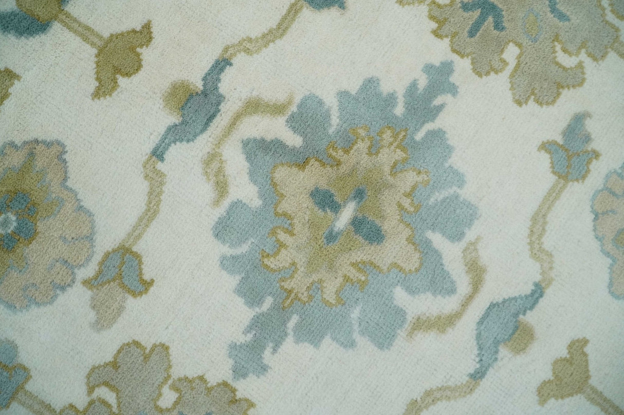 Ivory, Blue and Beige Floral Oushak Hand Knotted Traditional Turkish Inspired Custom Made Wool Area Rug