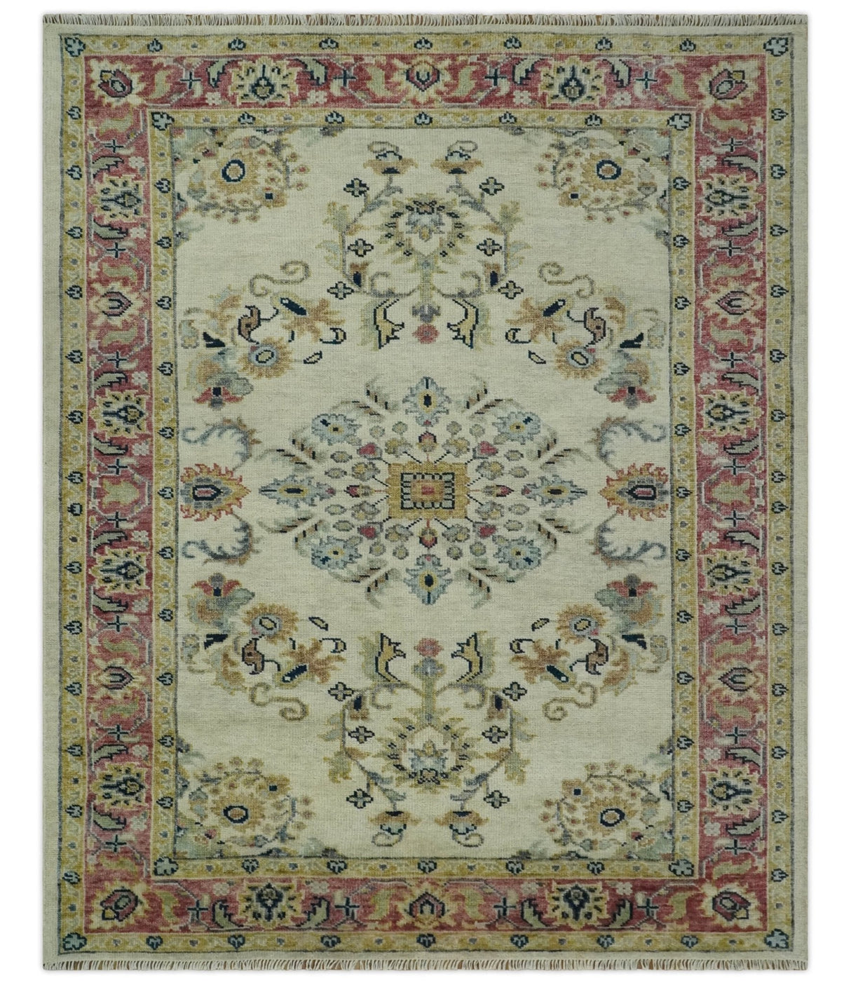 Ivory, Brown, Olive and Charcoal Traditional Heriz Medallion Custom Made Wool Area Rug