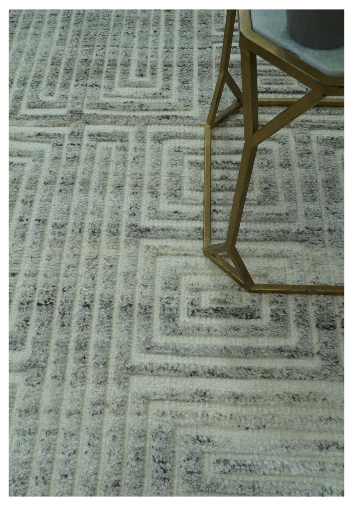 Ivory, Silver and Charcoal Modern Geometrical Puzzle Design hand knotted Custom Made wool Area Rug