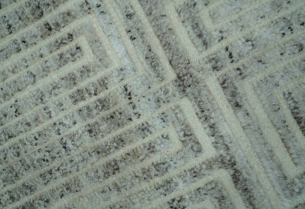 Ivory, Silver and Charcoal Modern Geometrical Puzzle Design hand knotted Custom Made wool Area Rug