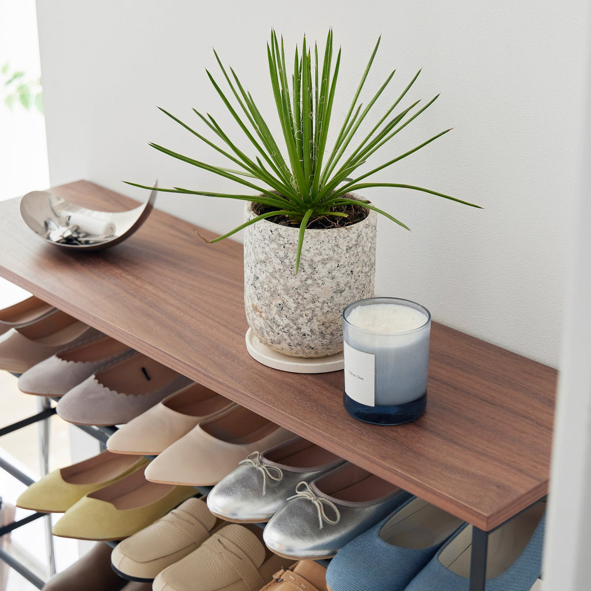 Rolling Five-Tier Shoe Rack (34.25" H) - Steel + Wood