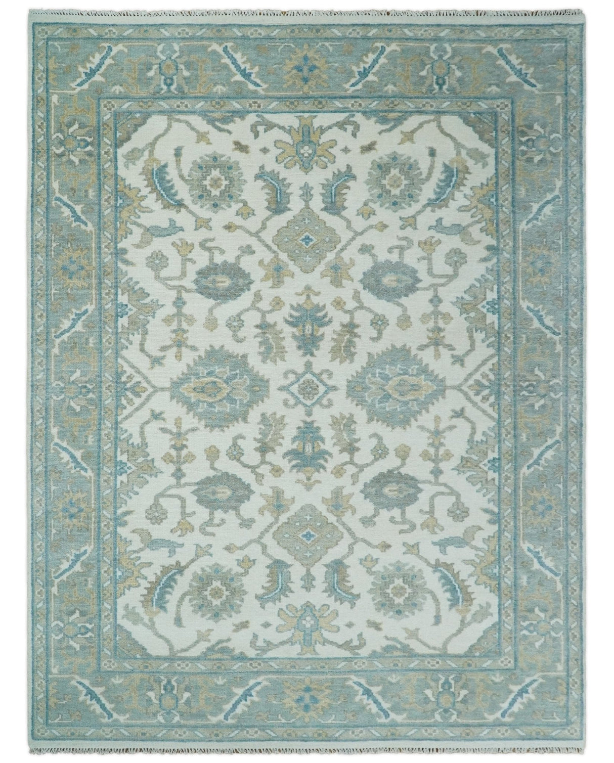 Hand Knotted Oriental Oushak Teal, Ivory and Beige Custom Made Wool Area Rug