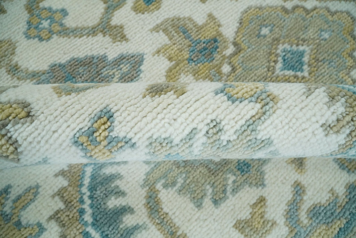 Hand Knotted Oriental Oushak Teal, Ivory and Beige Custom Made Wool Area Rug