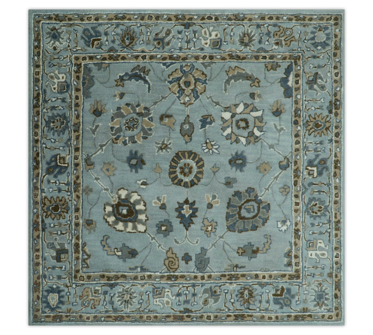 Light Blue, Beige and Gray Traditional Oriental Oushak Hand Tufted Custom Made wool Area Rug