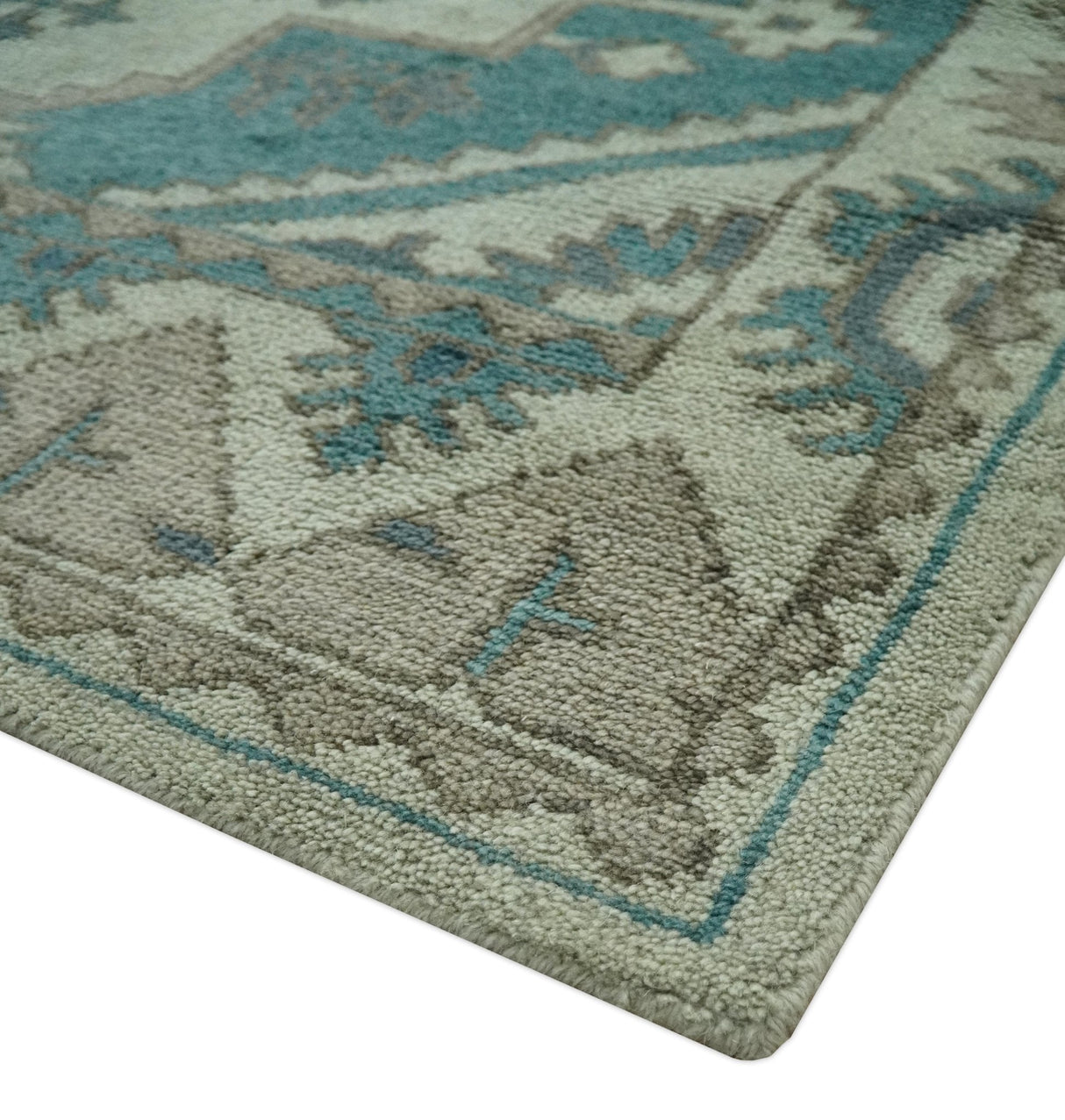Light green, Teal and Charcoal Traditional Hand Knotted Custom Made wool Area Rug