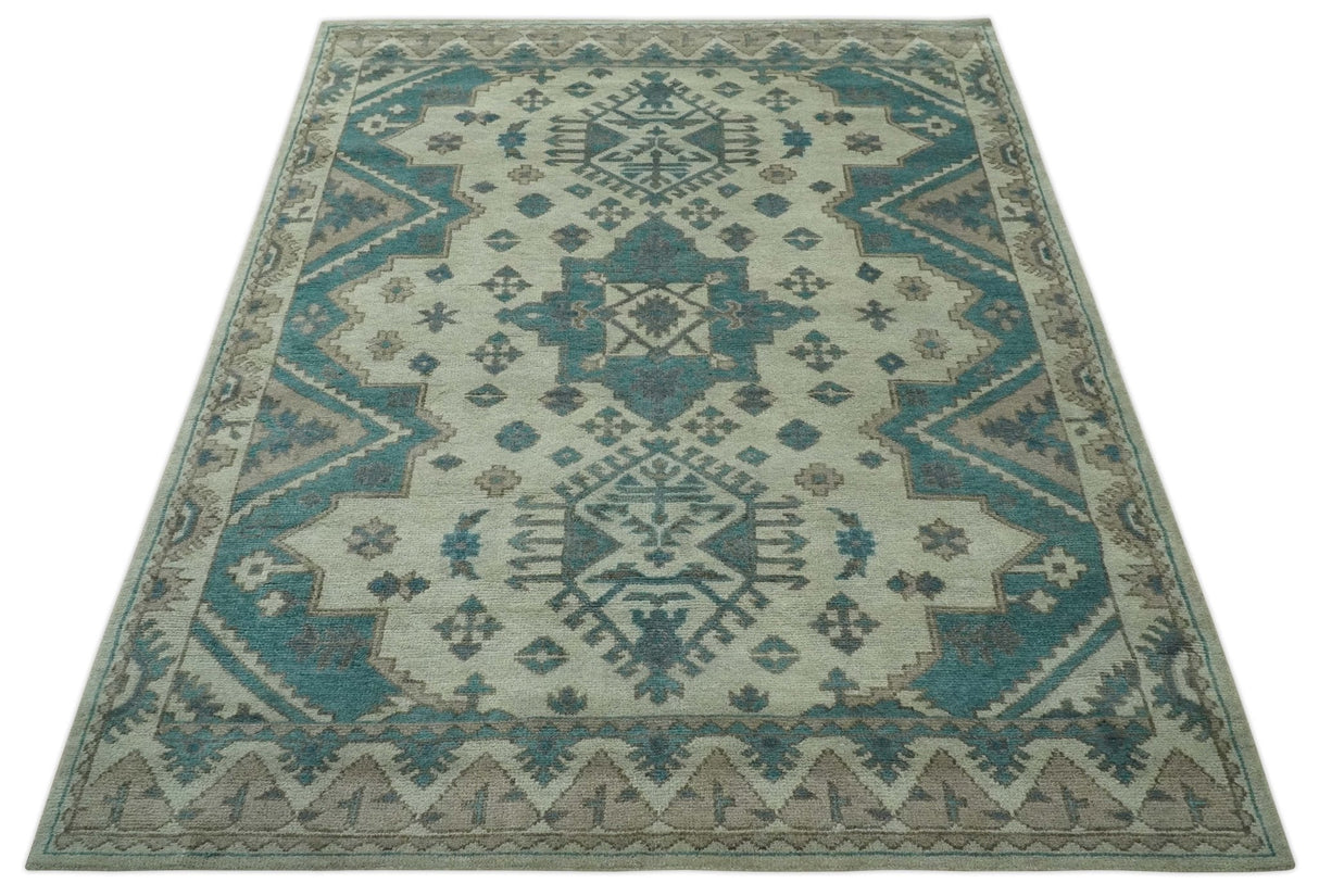 Light green, Teal and Charcoal Traditional Hand Knotted Custom Made wool Area Rug