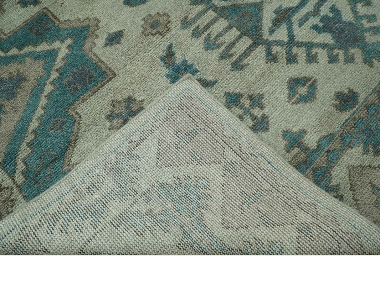 Light green, Teal and Charcoal Traditional Hand Knotted Custom Made wool Area Rug