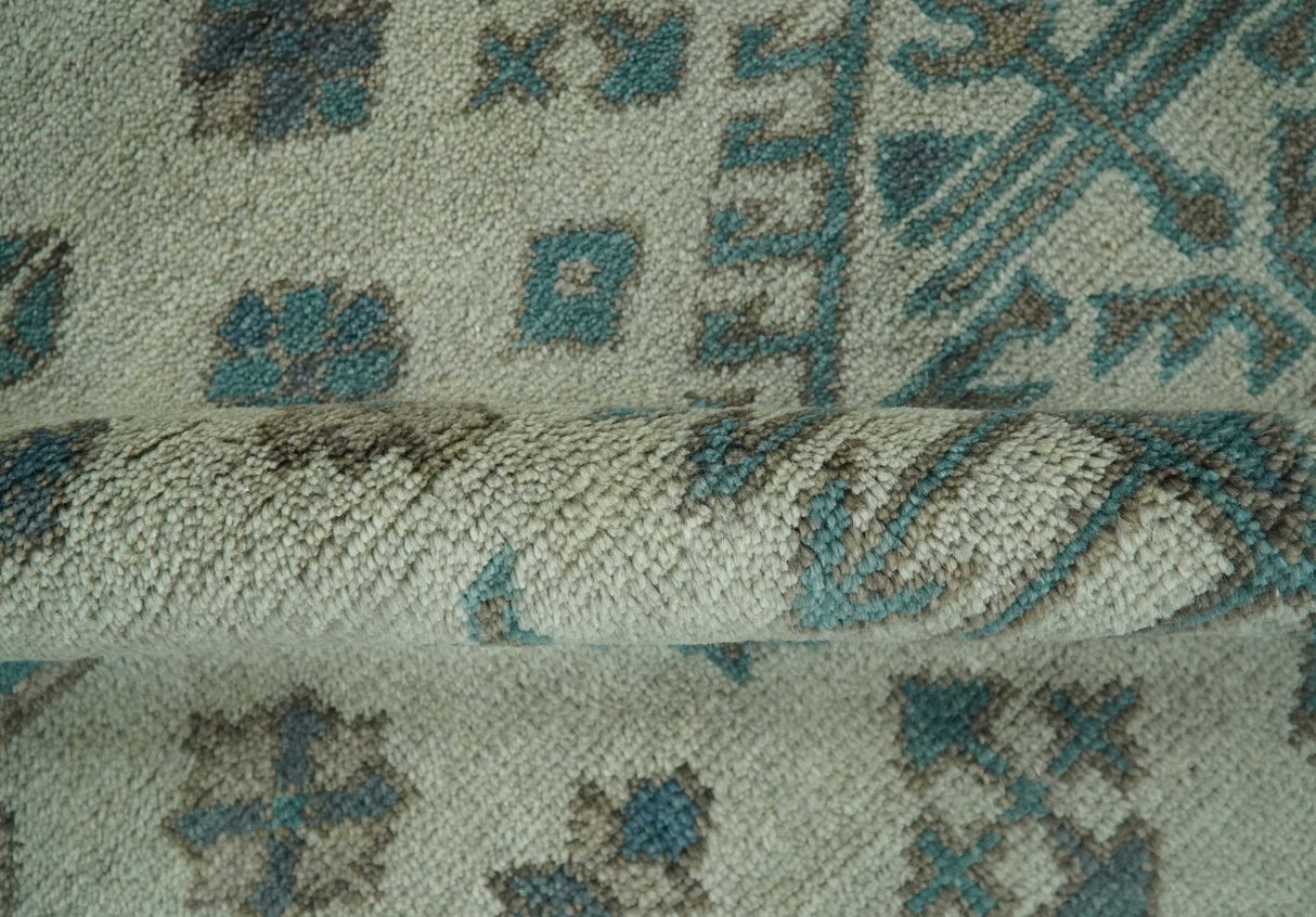 Light green, Teal and Charcoal Traditional Hand Knotted Custom Made wool Area Rug