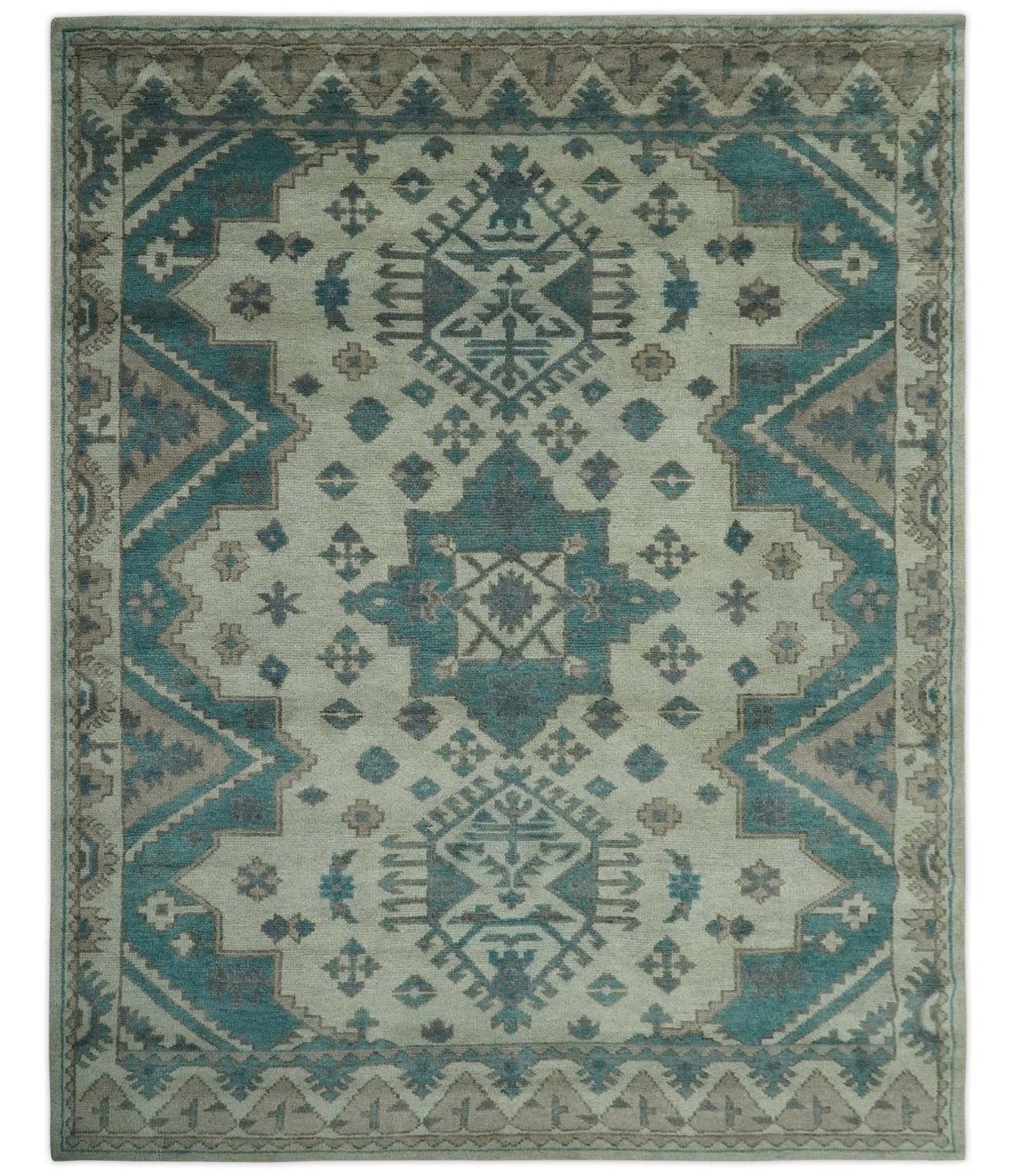 Light green, Teal and Charcoal Traditional Hand Knotted Custom Made wool Area Rug