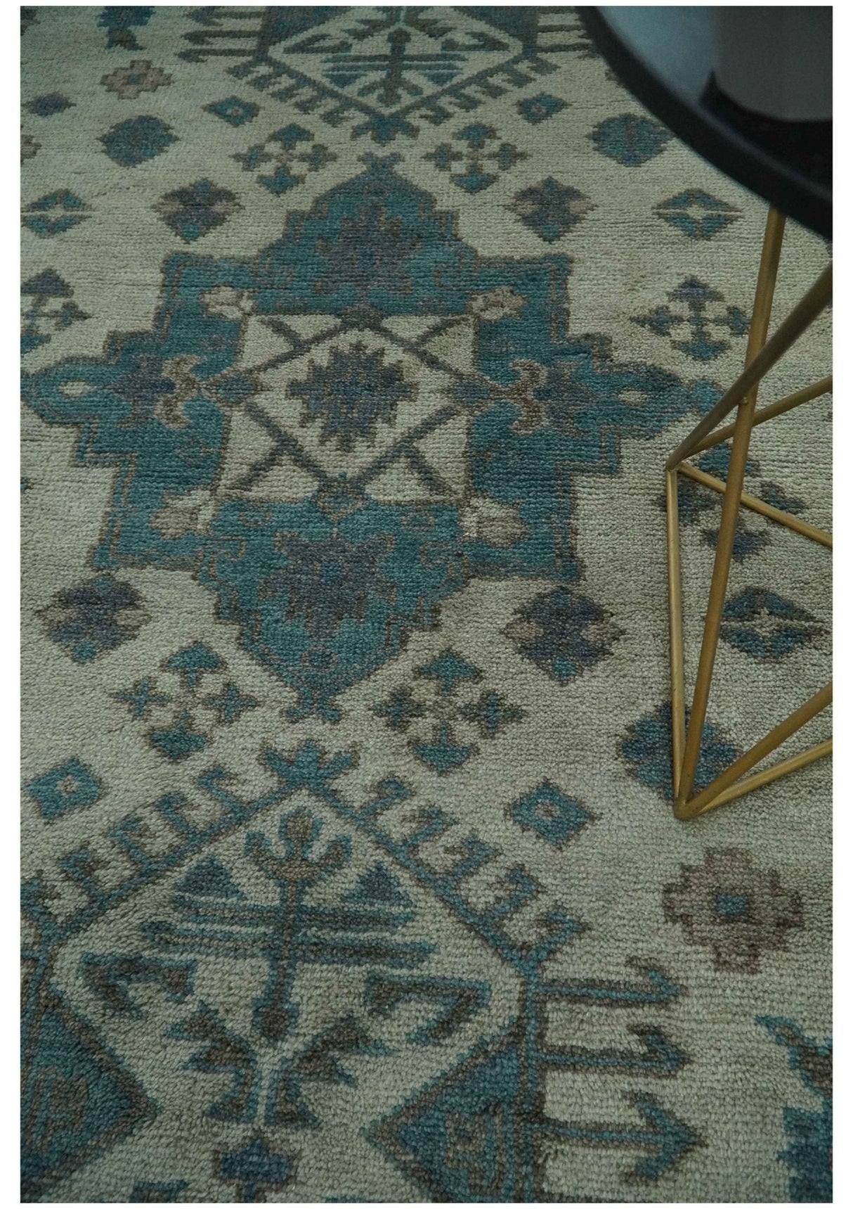 Light green, Teal and Charcoal Traditional Hand Knotted Custom Made wool Area Rug