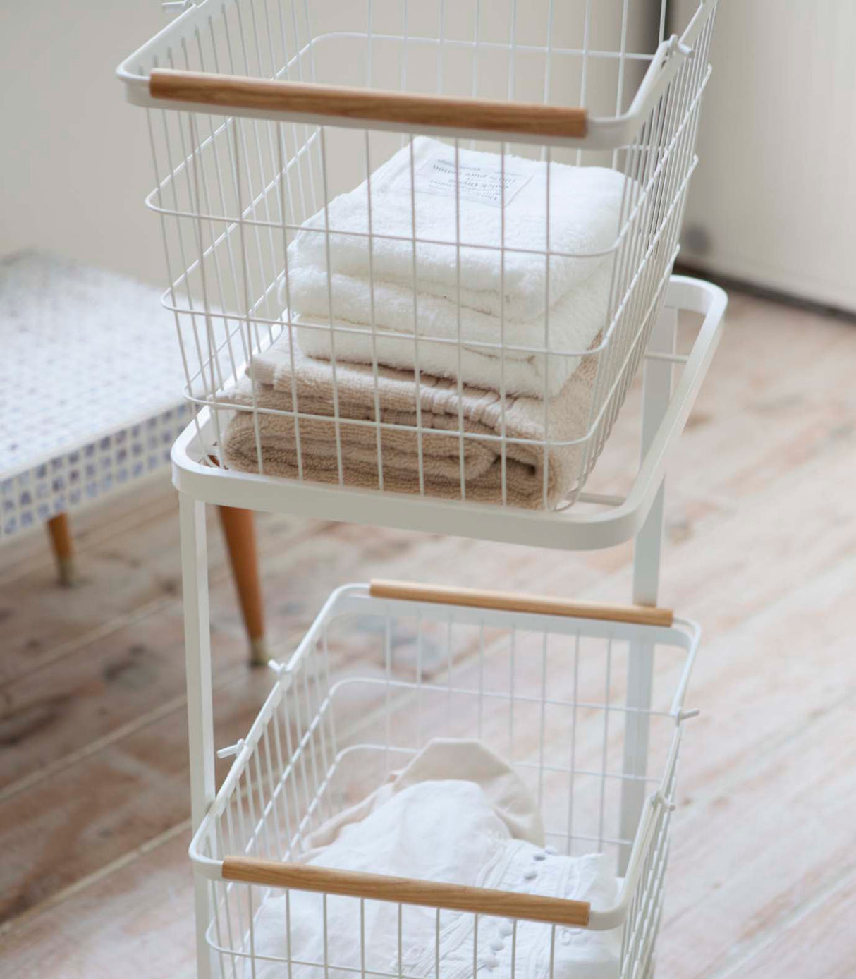 Rolling Laundry Cart + Wire Baskets (38" H) - Steel + Wood