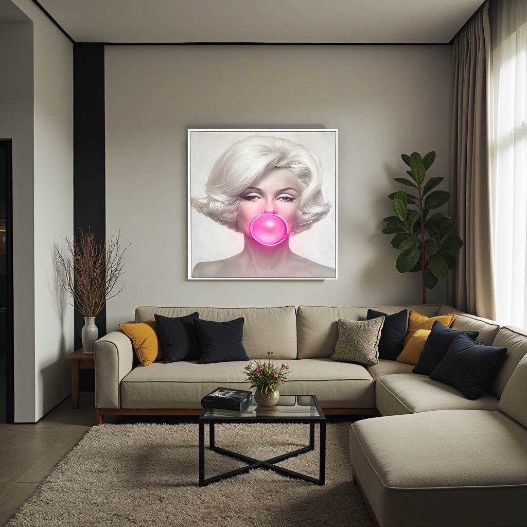 Marilyn Monroe Bubble Gum LED Wall Art – Pink LED Canvas with Bubble Accent