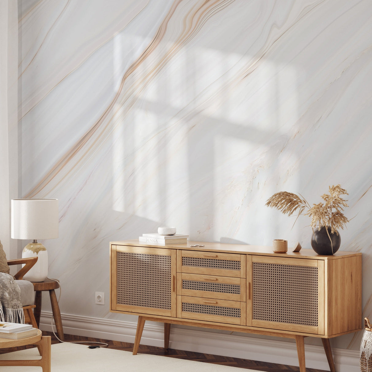 White Marble Wallpaper Mural with Swirls of cream, Taupe, and Peach