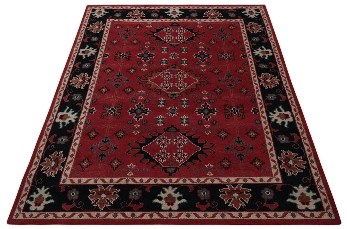 Maroon and Black Traditional Oriental Hand Knotted Custom Made wool Area Rug