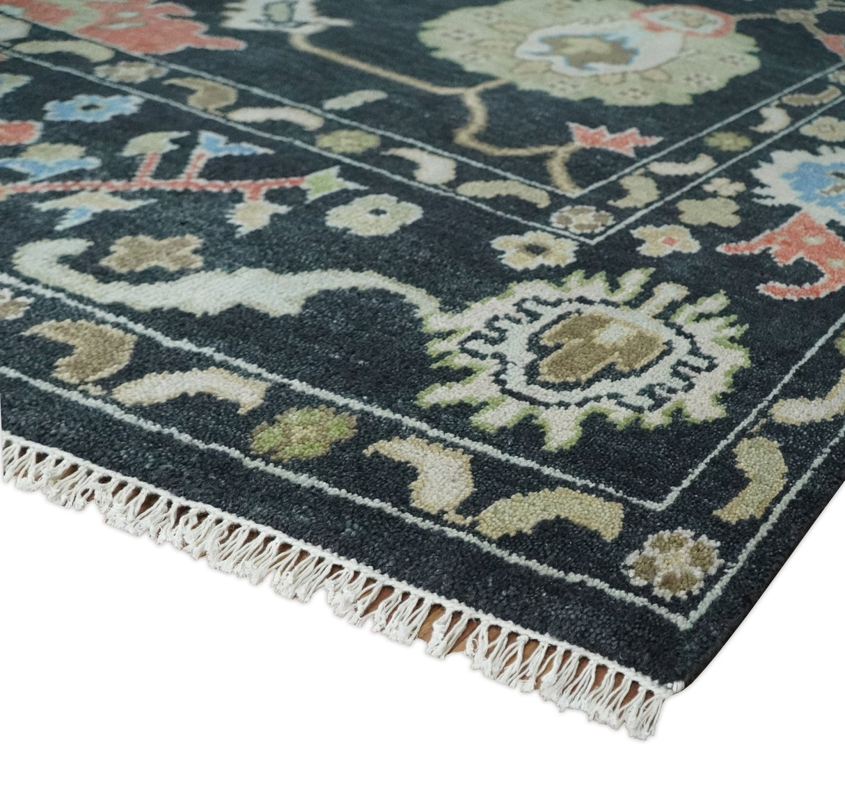 Modern Hand Knotted Black and Multicolor Traditional Oushak Custom Made Wool Area Rug