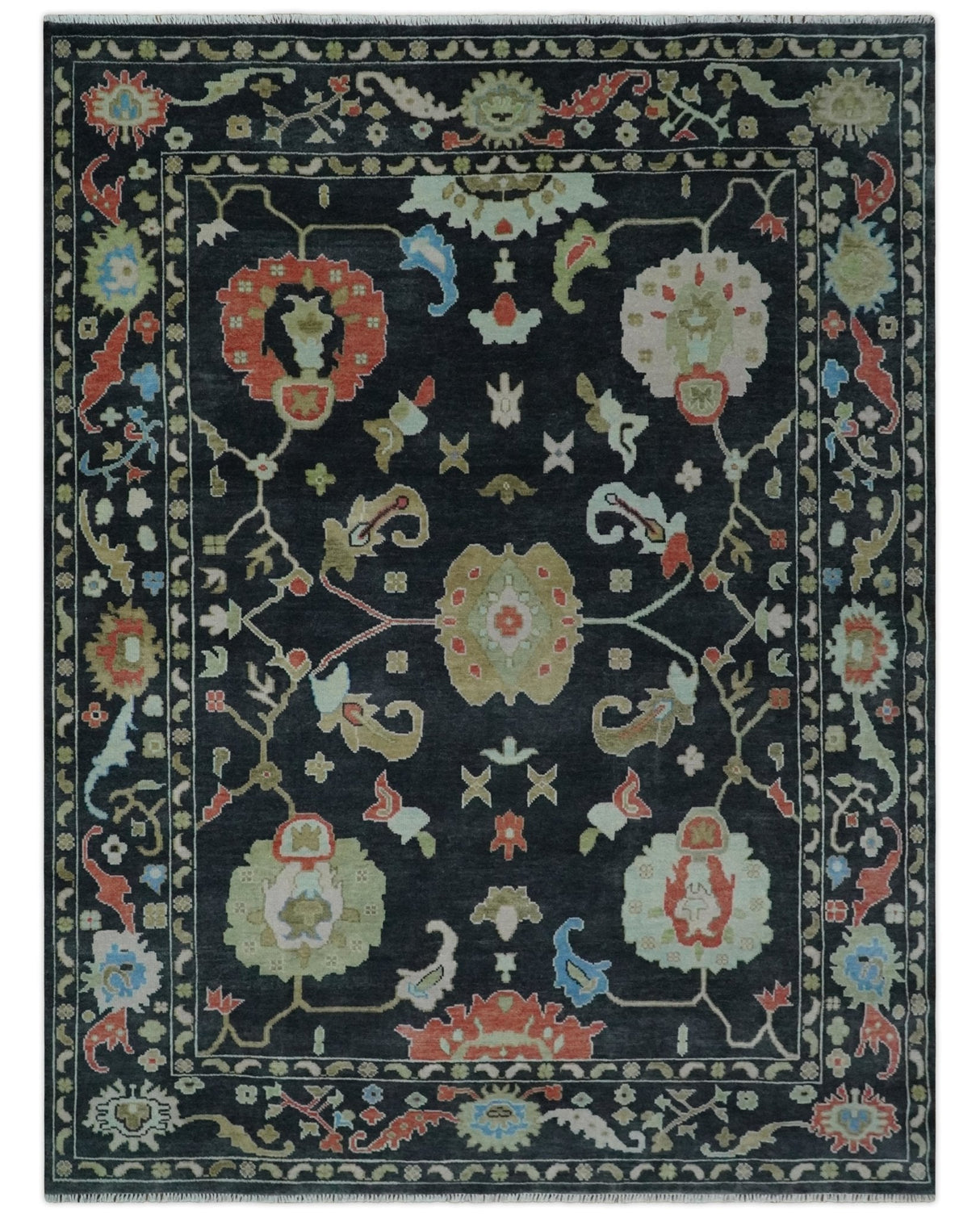 Modern Hand Knotted Black and Multicolor Traditional Oushak Custom Made Wool Area Rug