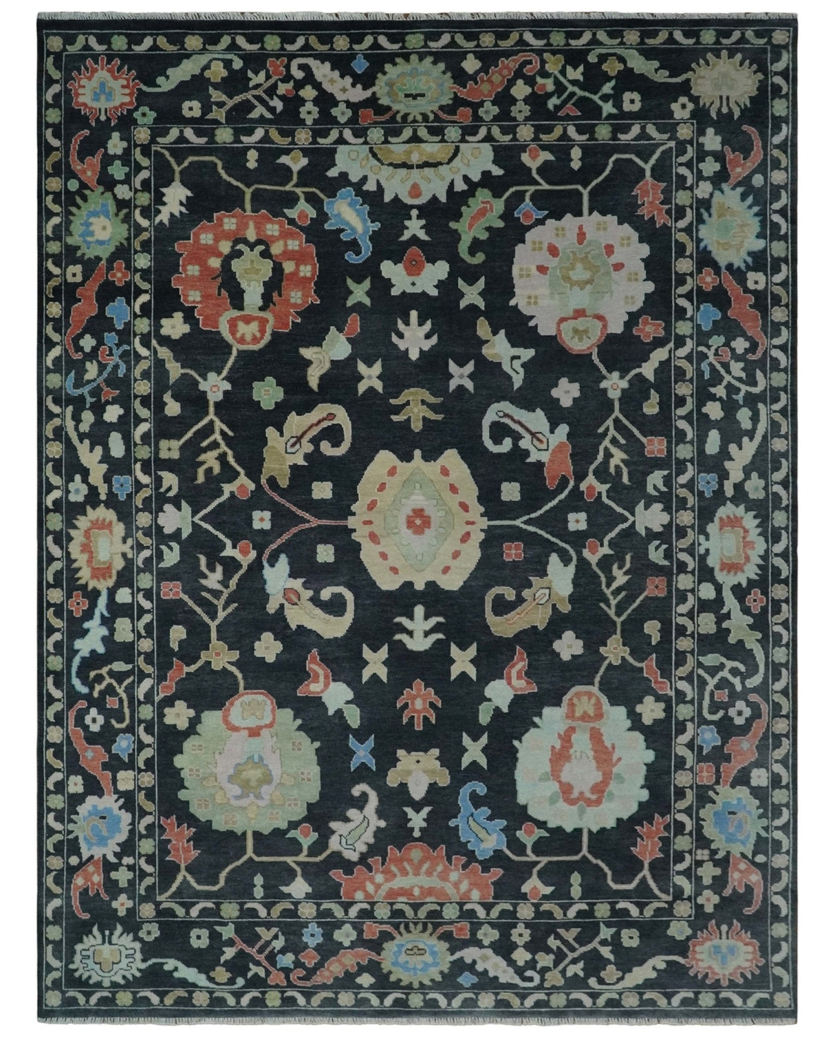 Modern Hand Knotted Black and Multicolor Traditional Oushak Custom Made Wool Area Rug