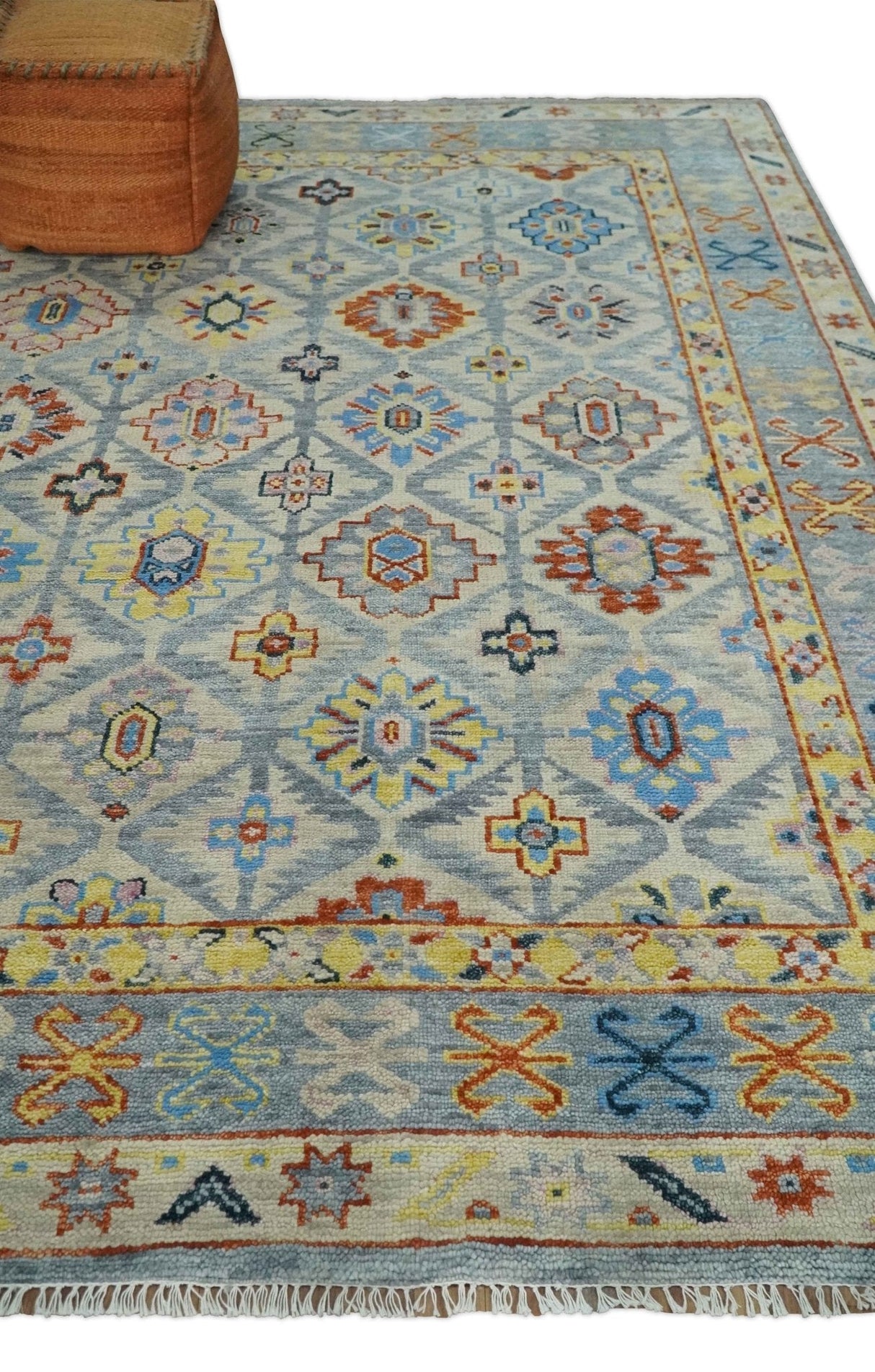 Vibrant Colorful Silver, Blue, Rust and Mustard Traditional Hand Knotted Custom Made Wool Area Rug