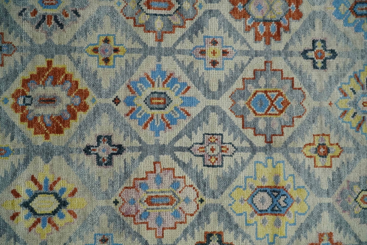 Vibrant Colorful Silver, Blue, Rust and Mustard Traditional Hand Knotted Custom Made Wool Area Rug