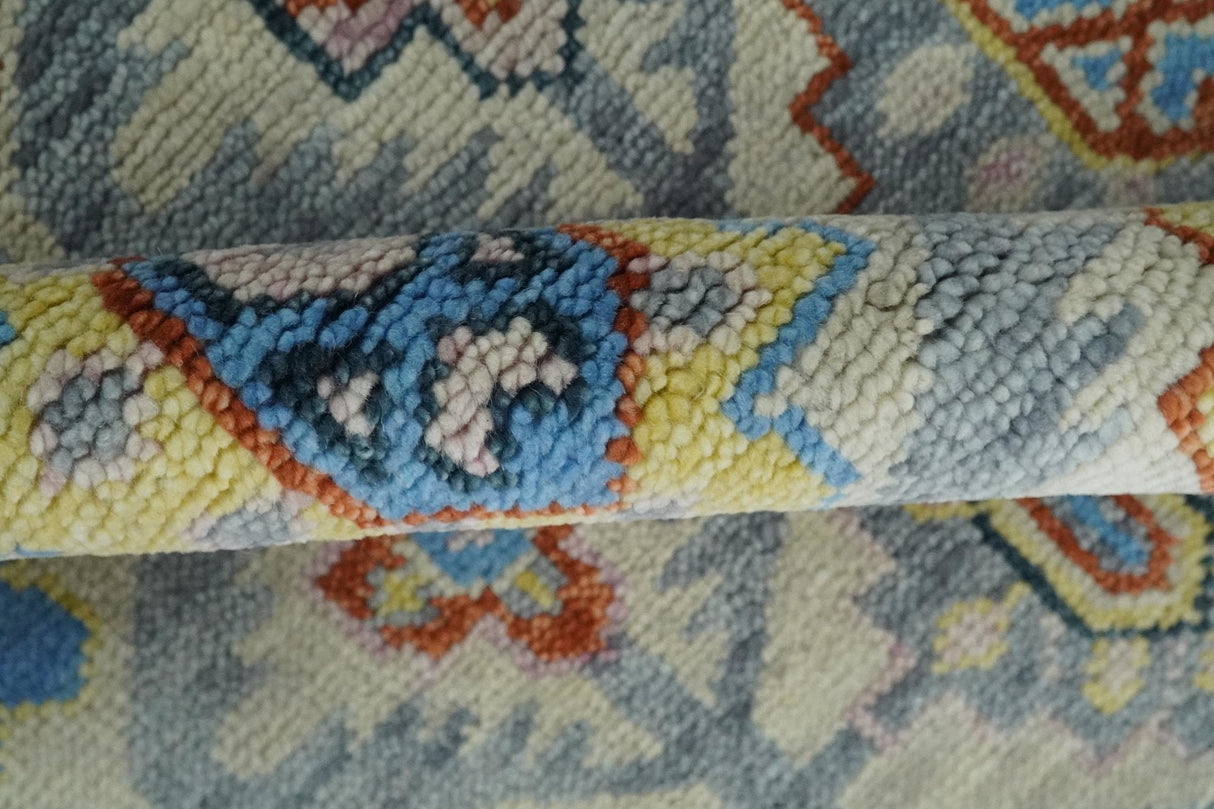 Vibrant Colorful Silver, Blue, Rust and Mustard Traditional Hand Knotted Custom Made Wool Area Rug