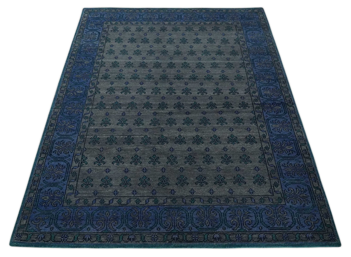 Gray and Blue Traditional Hand Knotted Antique Style low Pile Custom Made Wool Area Rug