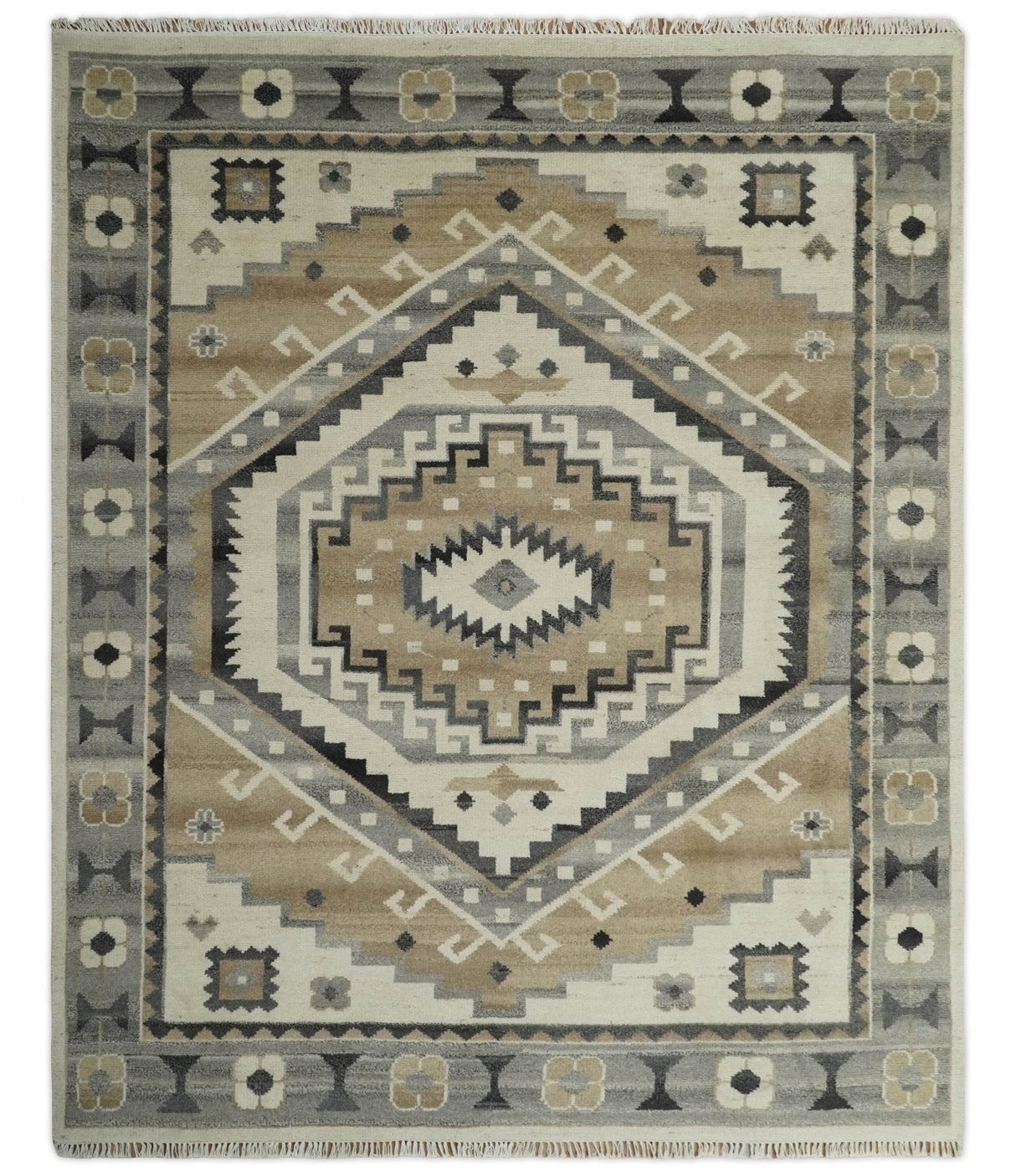 Custom Made Natural Wool Hand Knotted Ivory, Beige and Charcoal Traditional Area Rug, Kids, Living Room and Bedroom Rug