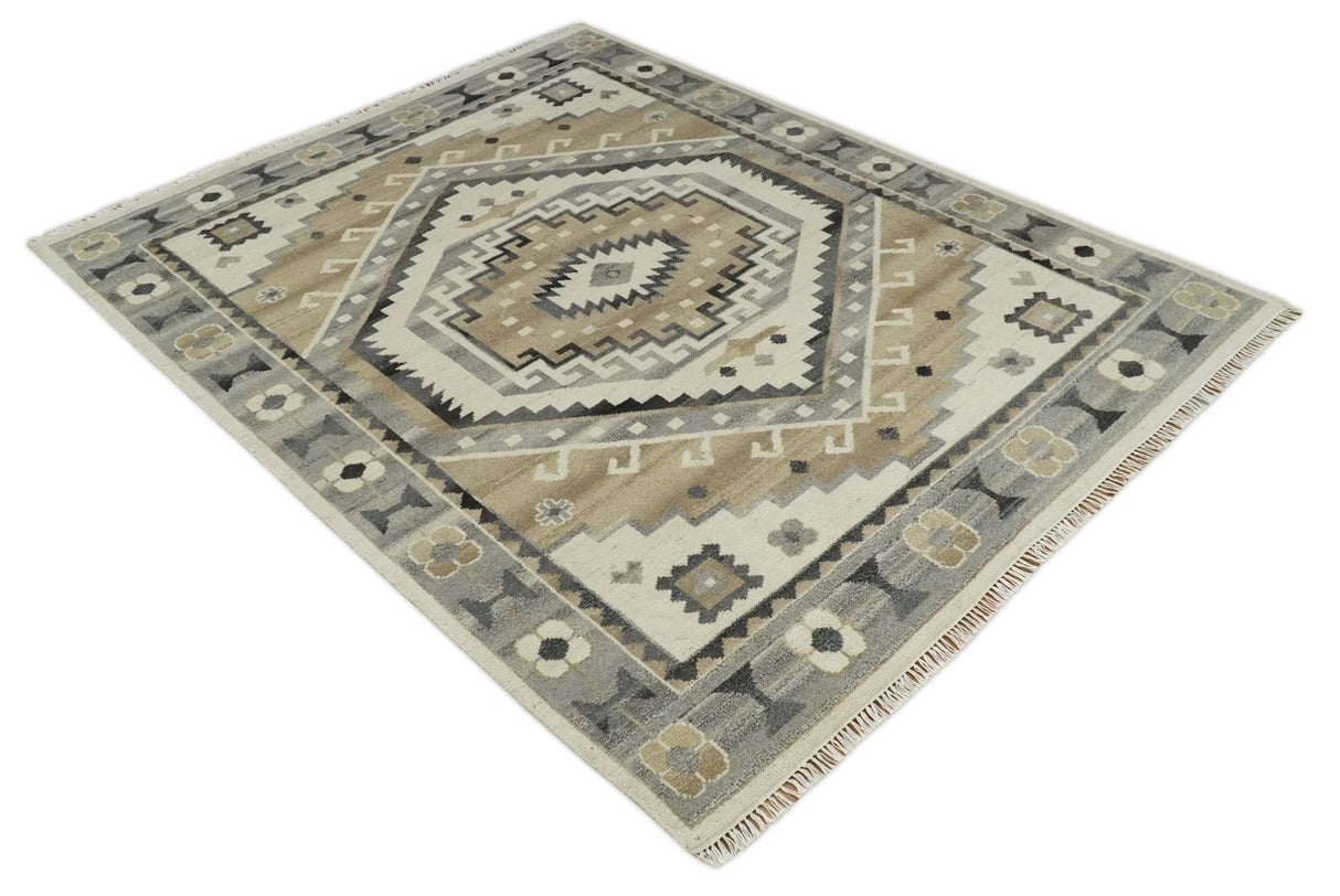 Custom Made Natural Wool Hand Knotted Ivory, Beige and Charcoal Traditional Area Rug, Kids, Living Room and Bedroom Rug