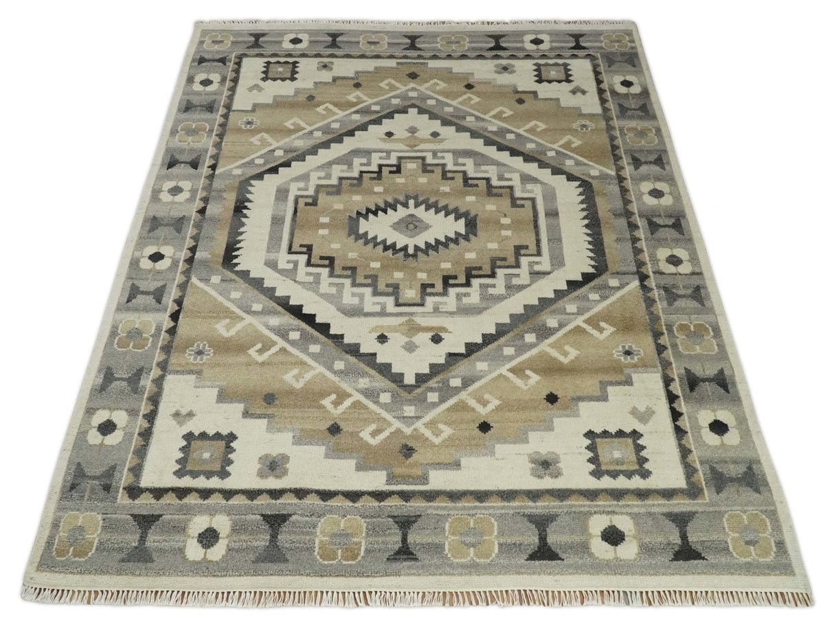 Custom Made Natural Wool Hand Knotted Ivory, Beige and Charcoal Traditional Area Rug, Kids, Living Room and Bedroom Rug