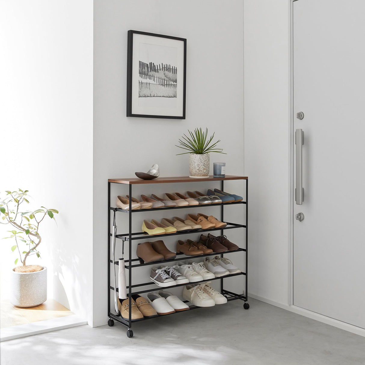 Rolling Five-Tier Shoe Rack (34.25" H) - Steel + Wood