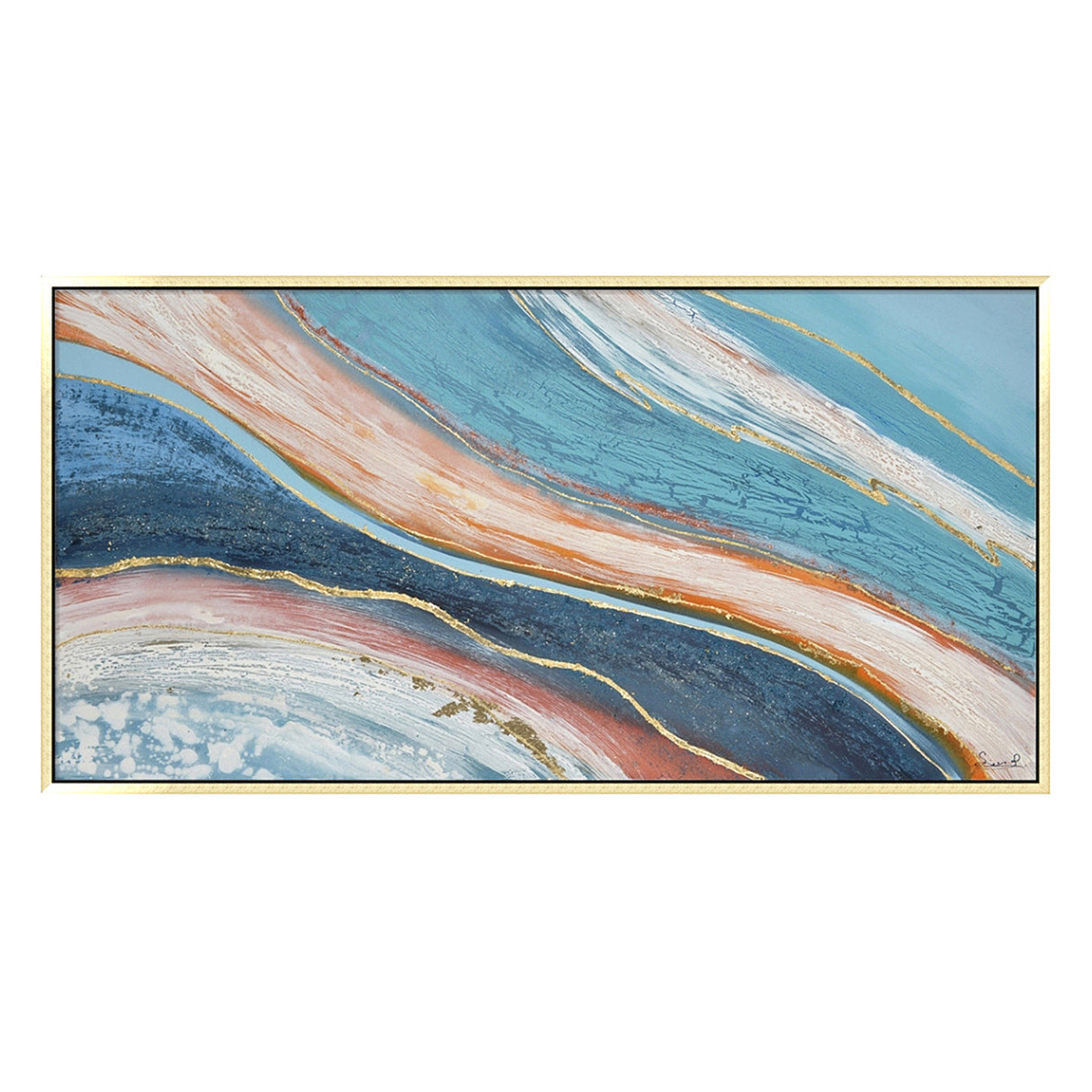 Hand Painted Acrylic Abstract Wall Art Blues and Reds on a 59 x 30 Rectangular Canvas with a Gold Wooden Frame