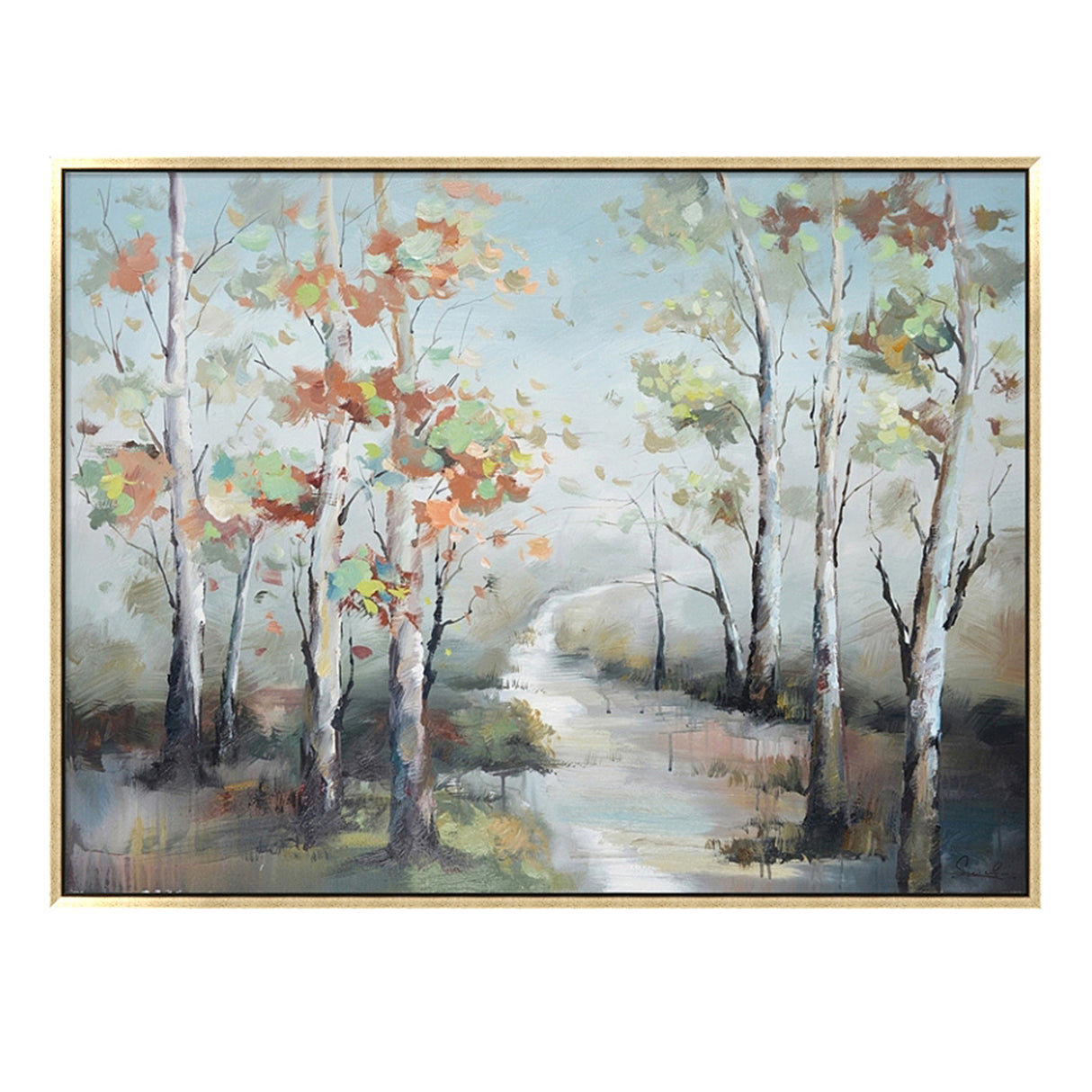 Hand Painted Acrylic Wall Art Fall Colorful Trees on a 47 x 35 Rectangular Canvas with a Gold Wooden Frame