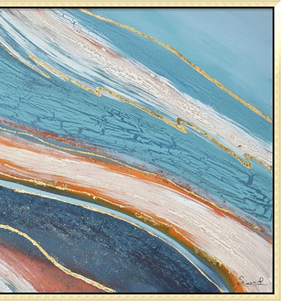 Hand Painted Acrylic Abstract Wall Art Blues and Reds on a 59 x 30 Rectangular Canvas with a Gold Wooden Frame