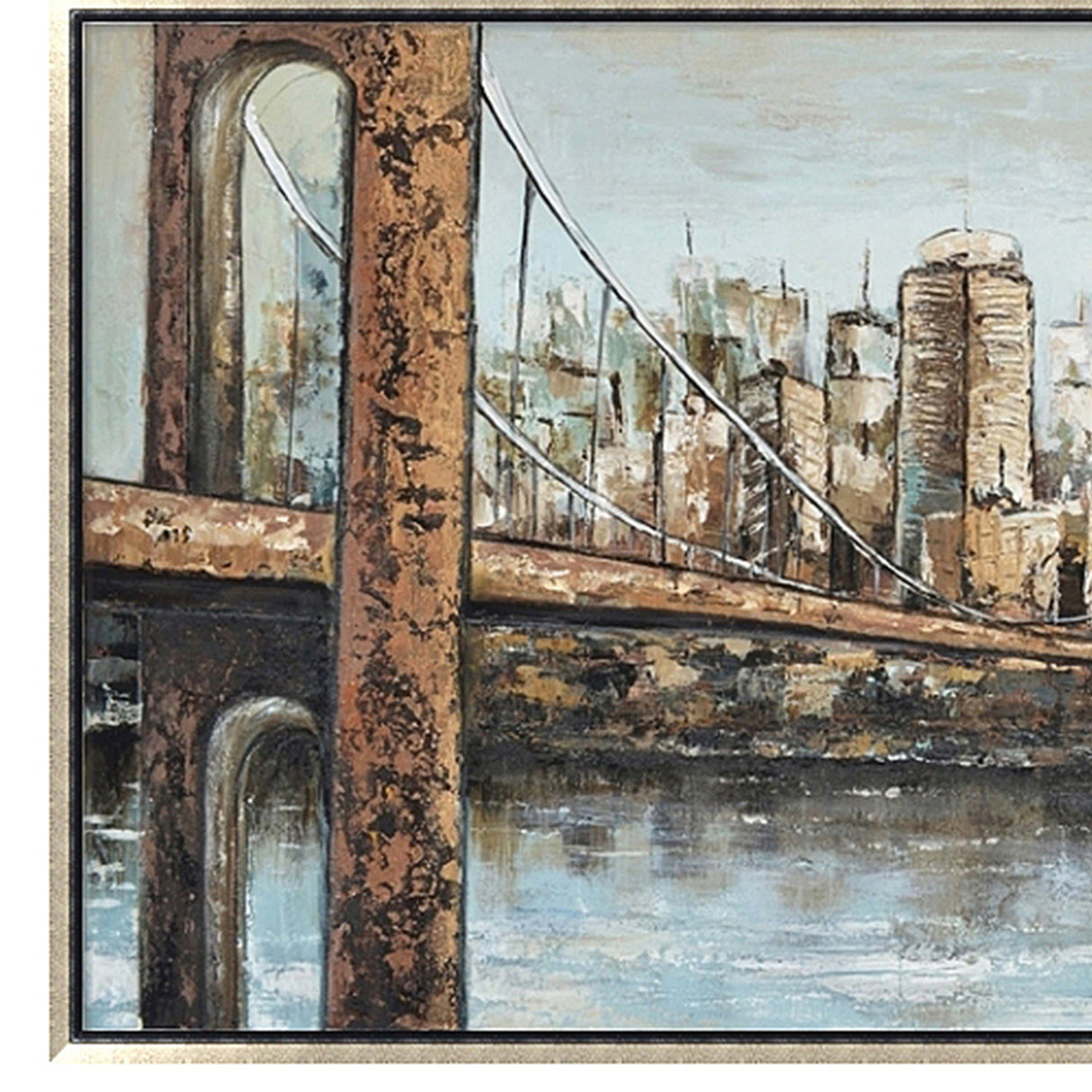 Hand Painted Acrylic Wall Art New York Cityscape on a 55 x 28 Rectangular Canvas with a Champagne Wooden Frame
