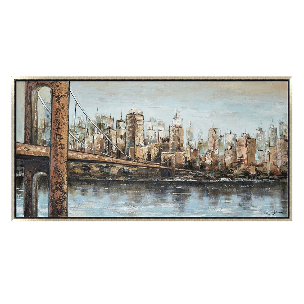 Hand Painted Acrylic Wall Art New York Cityscape on a 55 x 28 Rectangular Canvas with a Champagne Wooden Frame