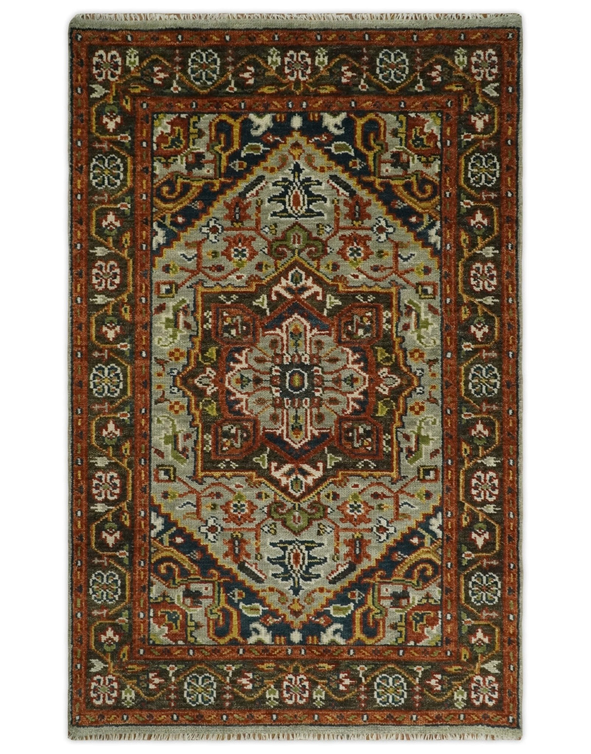 Blue and Brown Traditional Antique look Heriz Serapi Hand Knotted Custom Made wool Area Rug
