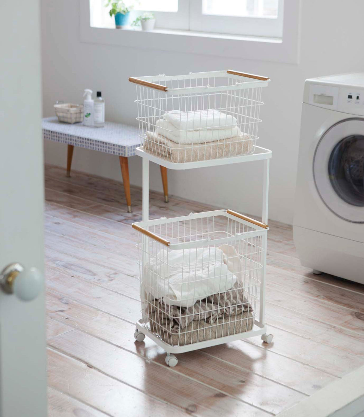 Rolling Laundry Cart + Wire Baskets (38" H) - Steel + Wood