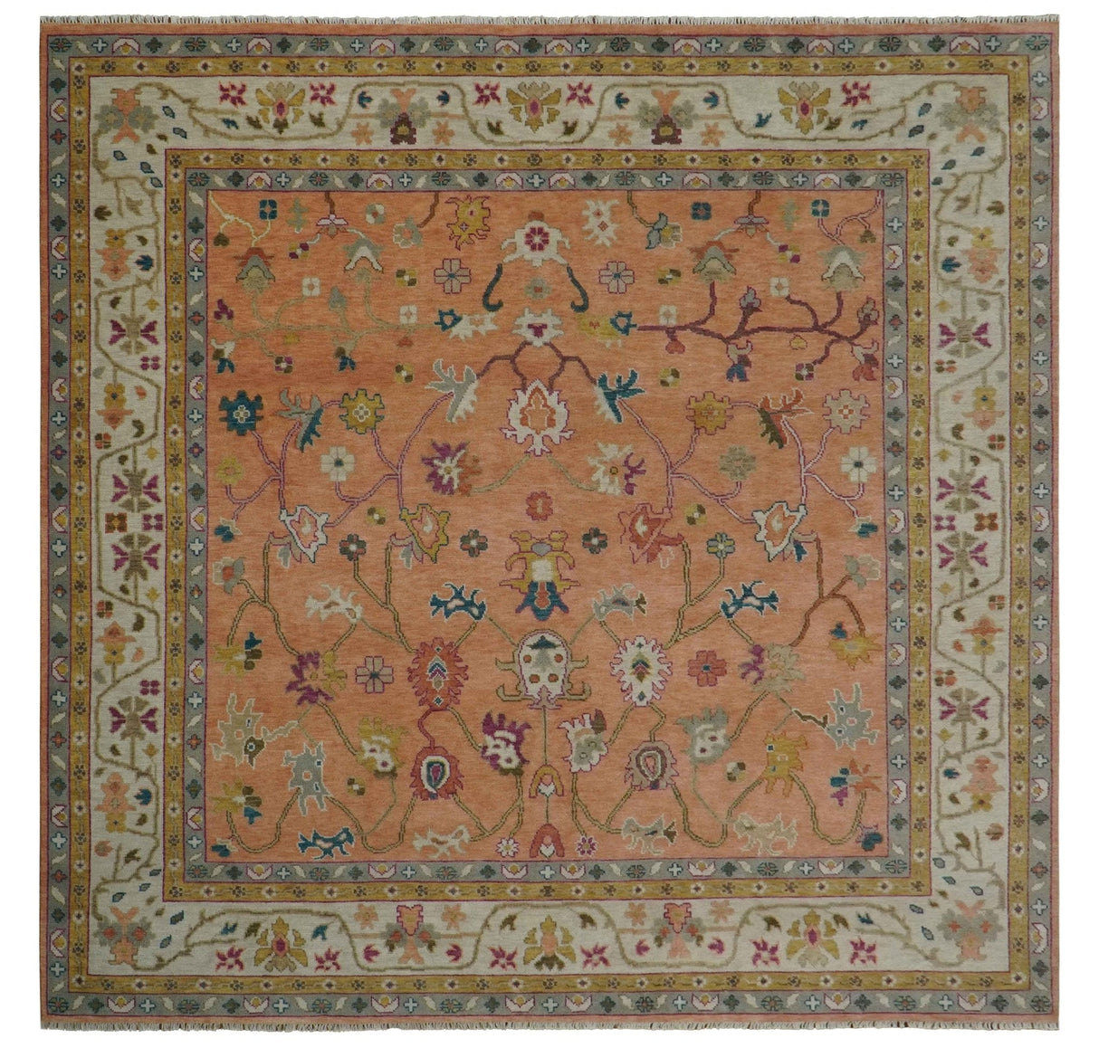 Peach and Ivory Hand knotted Oushak Custom Made wool Area Rug