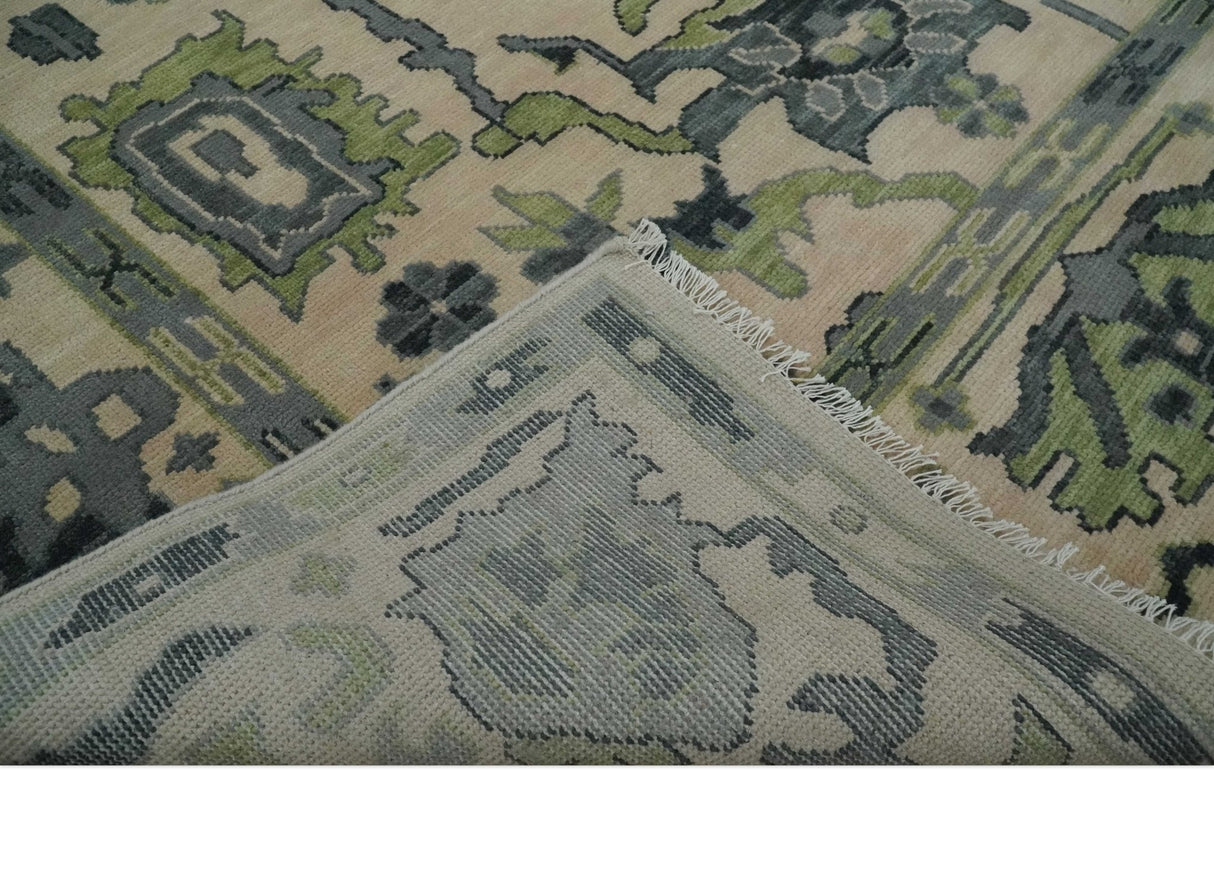 Beige, Charcoal and Green Hand knotted Oushak Traditional Wool Area Rug