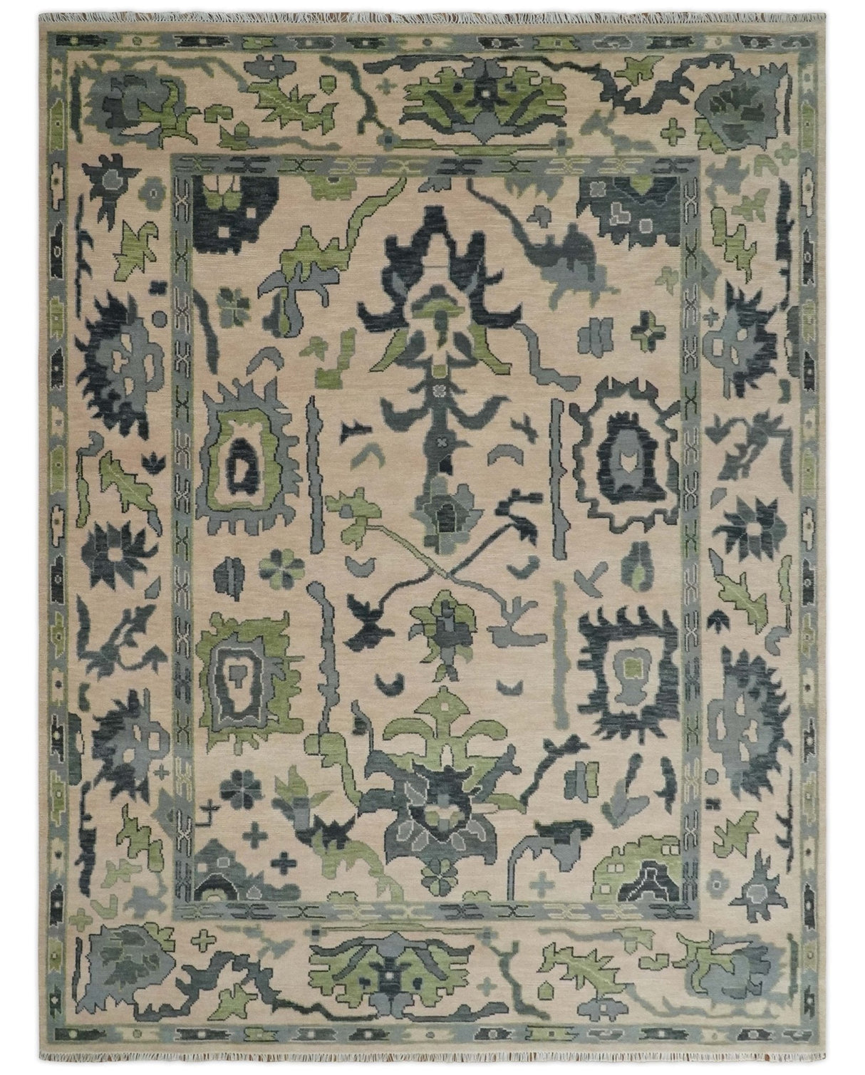 Beige, Charcoal and Green Hand knotted Oushak Traditional Wool Area Rug