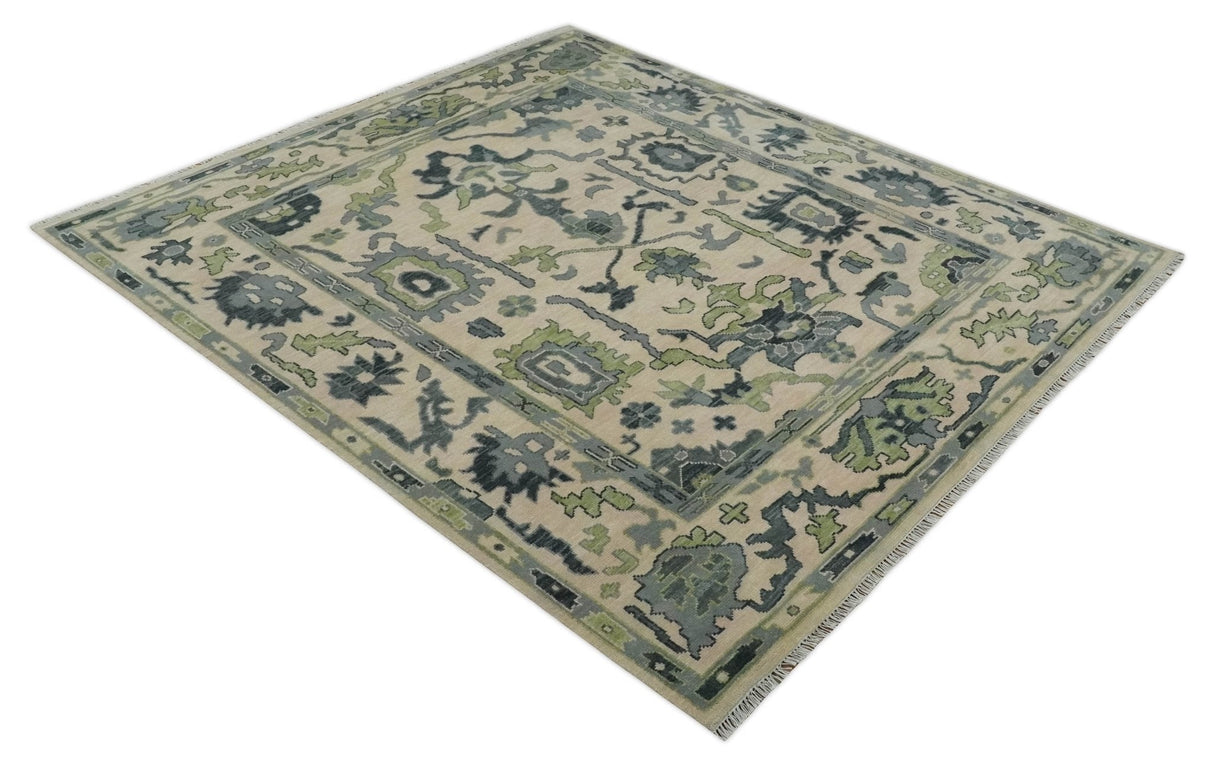 Beige, Charcoal and Green Hand knotted Oushak Traditional Wool Area Rug